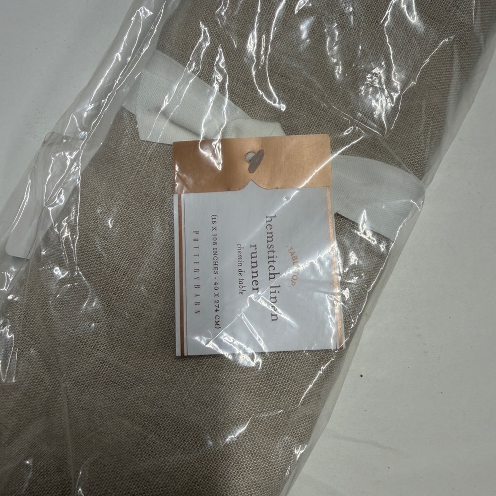 Pottery Barn Belgian Hemstitch Linen Table Runner - Flax 16”x108”